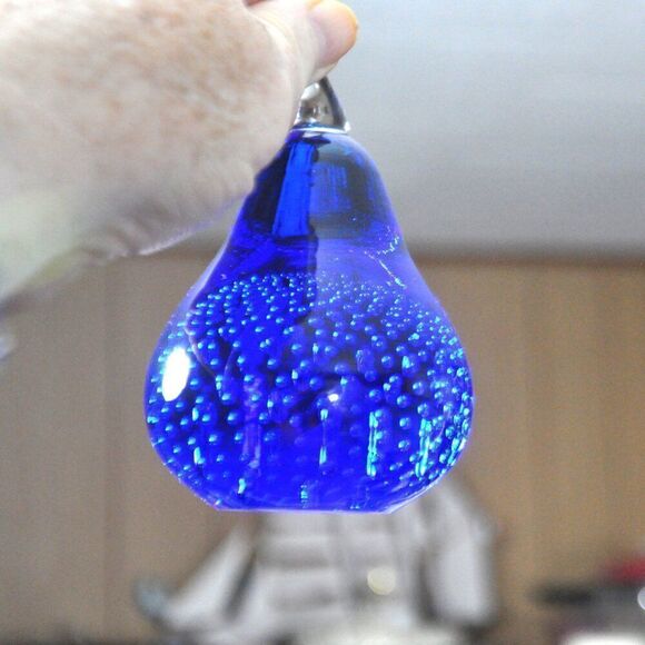 Cobalt Blue Art Glass Pear Paperweight & Hazel Atlas Cobalt Blue Chevron Creamer - Picture 2 of 5